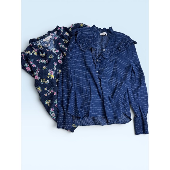 LOFT Tops - LOFT Womens Blouse Bundle Blue Floral Puff Sleeve & Striped Ruffle Button Down L